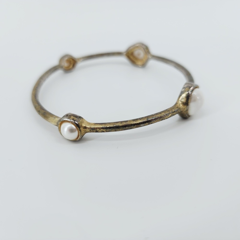 Vintage Monet Pearl Bangle Bracelet Metal Patina Stacking Signed Gold Mixed Tone